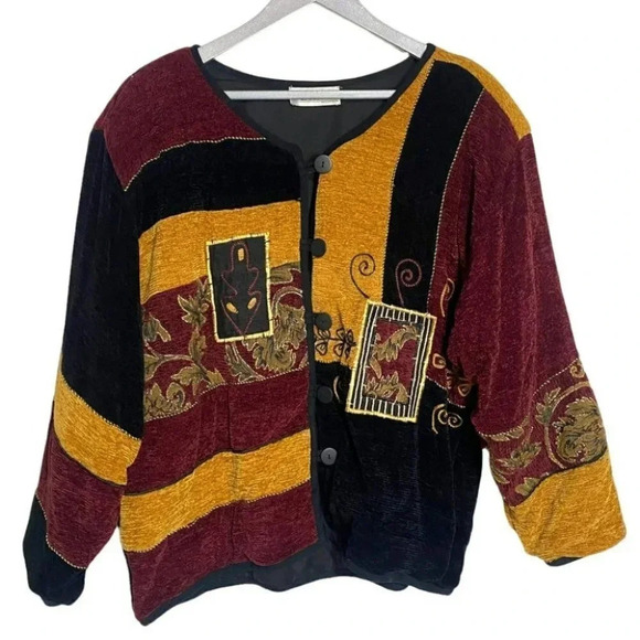 Dressbarn 1X black‎ gold & wine tapestry patchwork velvety jacket - Picture 1 of 5